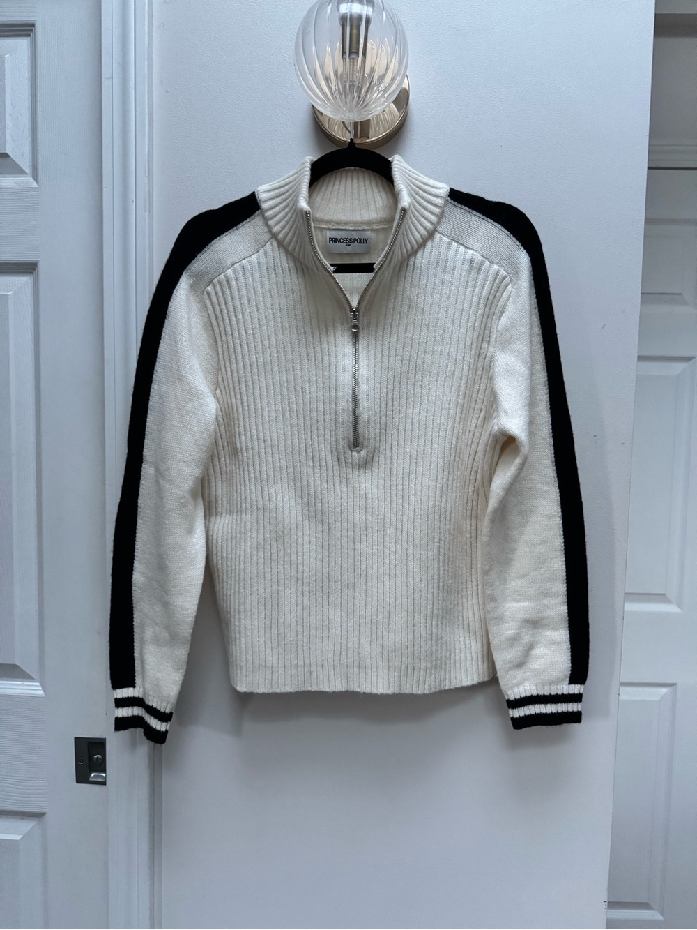 Princess Polly Cream Half-Zip Ribbed Sweater with Black Stripes